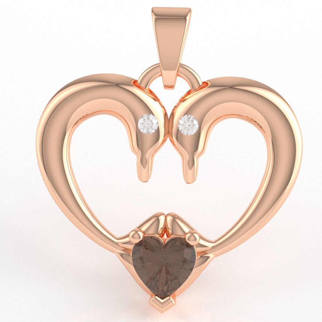 Smoky Quartz Diamond  2 Dolphins Heart Love Pendant In 10k Rose Gold