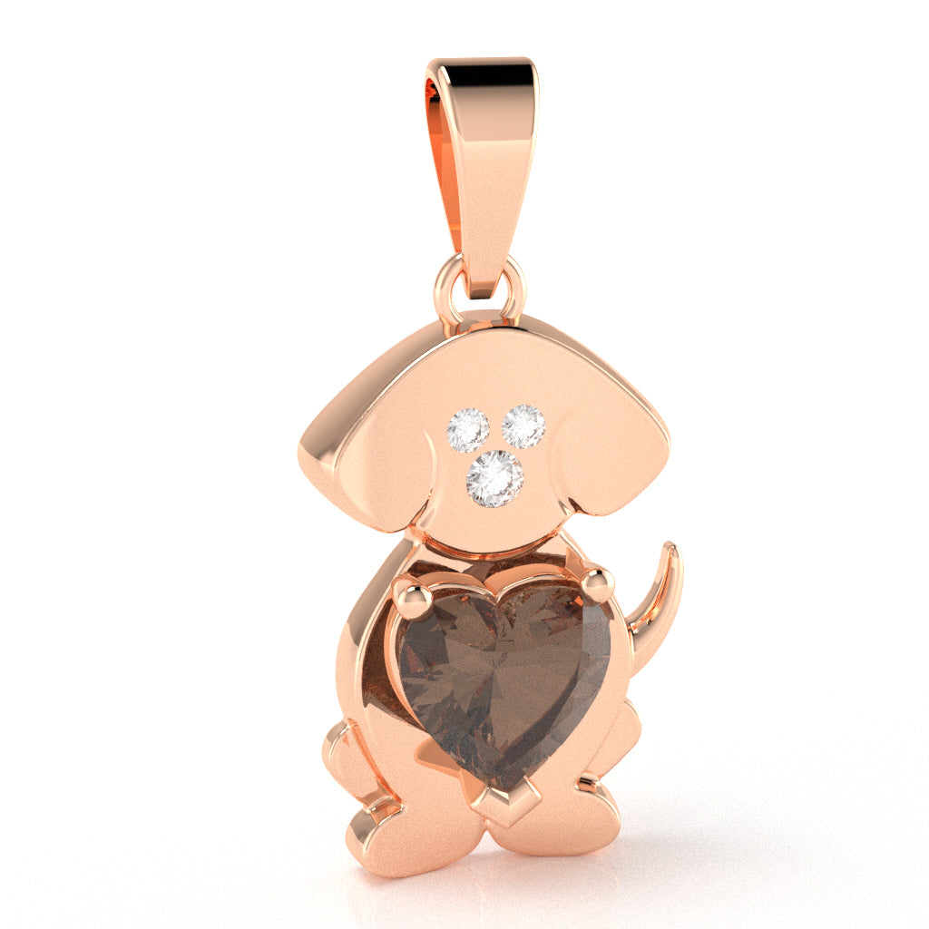 Smoky Quartz Diamond  Puppy Love Heart Pendant In 14k Rose Gold