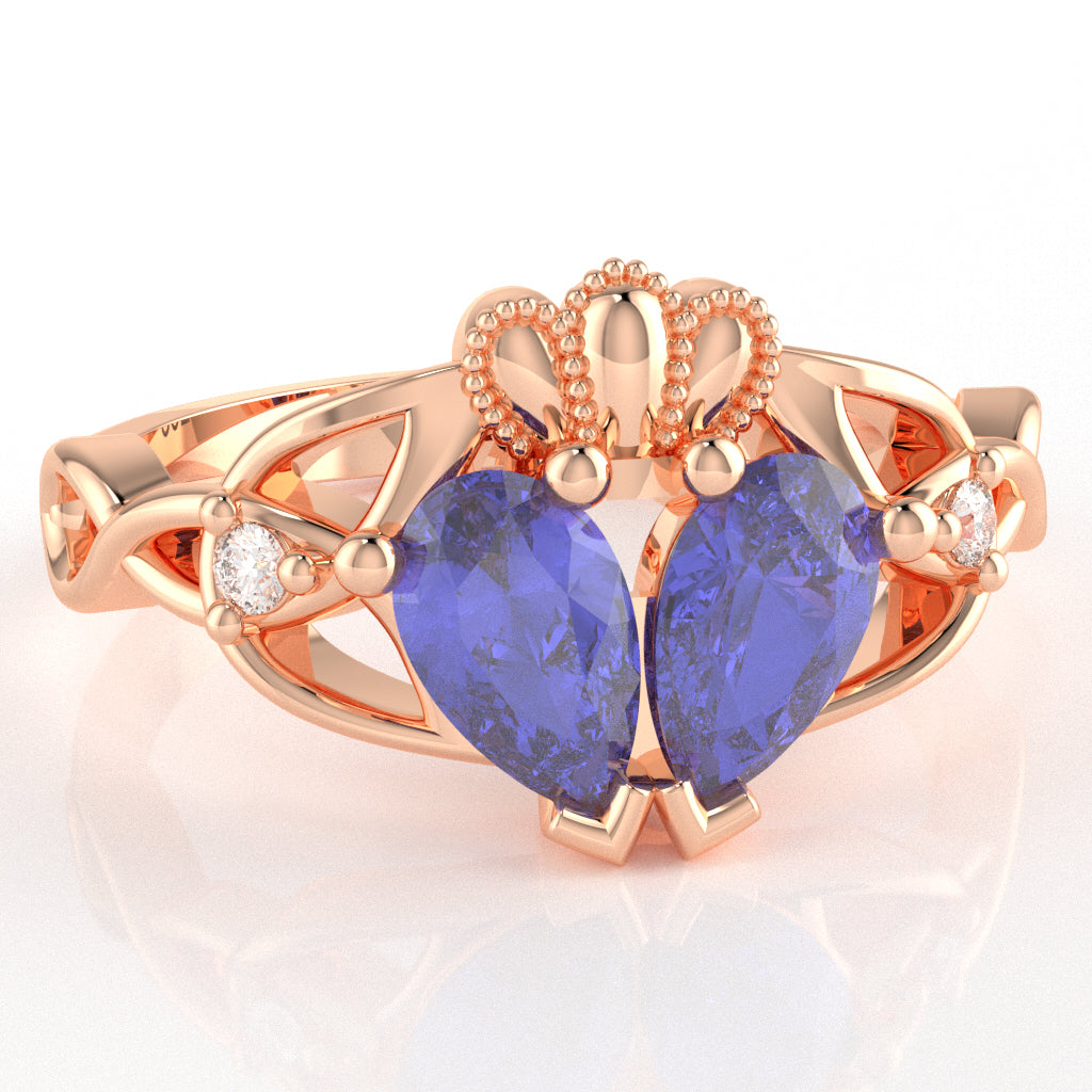 Tanzanite Diamond Celtic Knot Heart Claddagh Ring In 14k Rose Gold