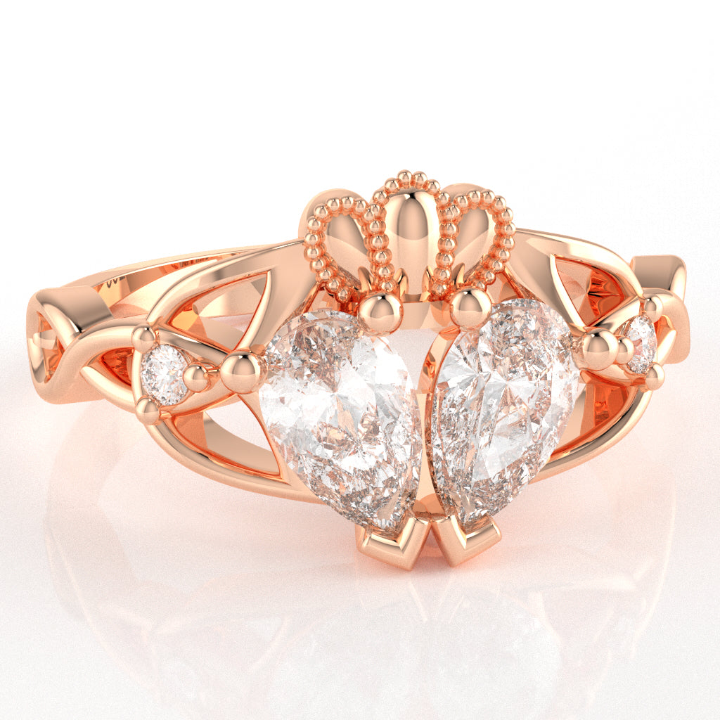 White Topaz Diamond Celtic Knot Heart Claddagh Ring In 10k Rose Gold