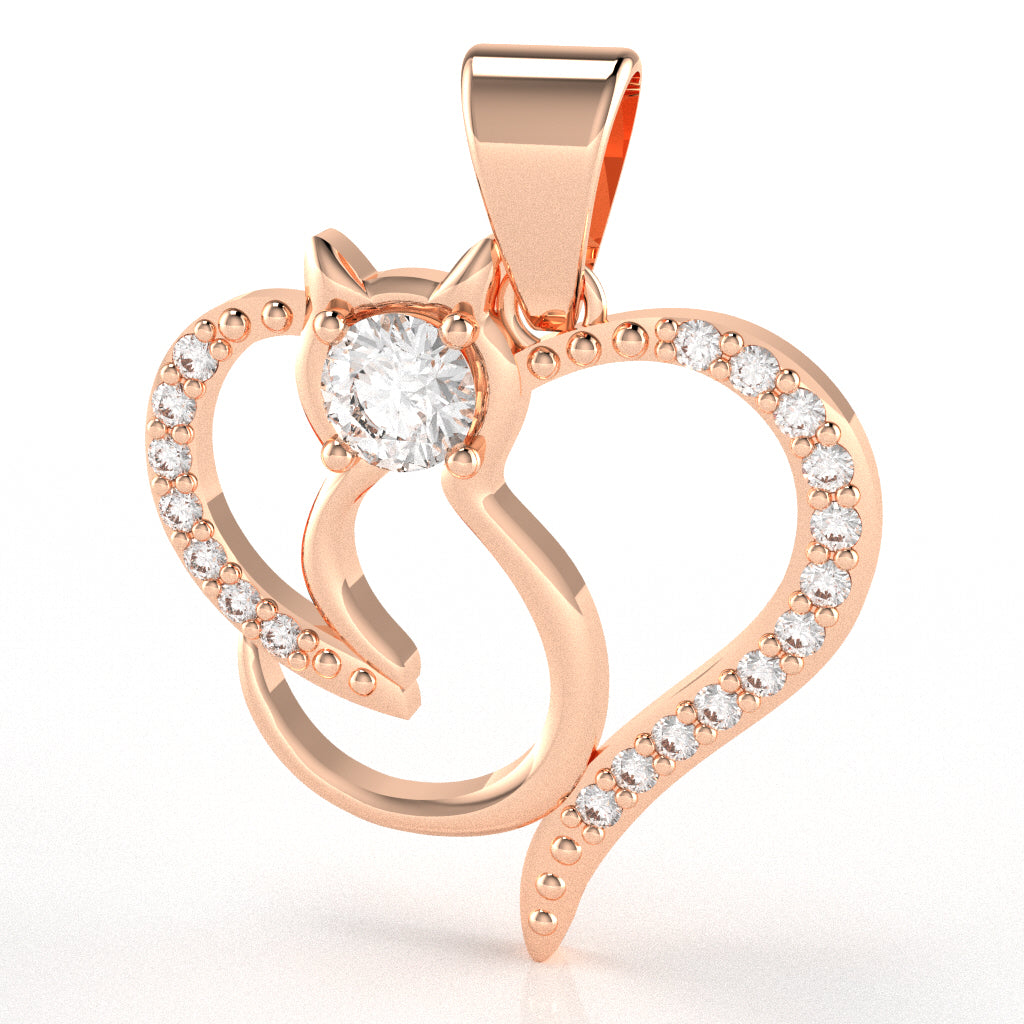 White Topaz Diamond  Cat Love Heart Pendant In 14k Rose Gold