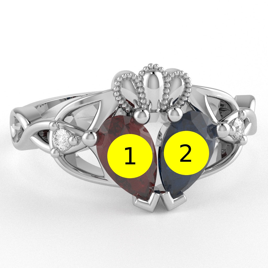 Customizable Gemstone Diamond Celtic Knot Heart Claddagh Ring In 10k White Gold