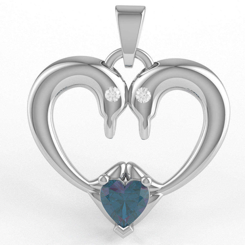 Lab-Created Alexandrite Diamond  2 Dolphins Heart Love Pendant In 10k White Gold