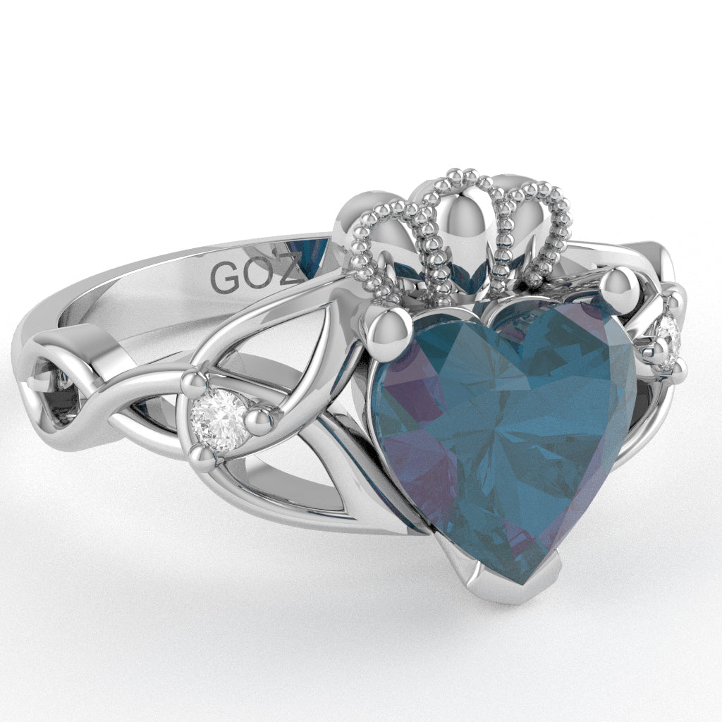 Celtic Trinity Knot Claddagh Heart Lab-Created Alexandrite Diamond Ring In 10k White Gold