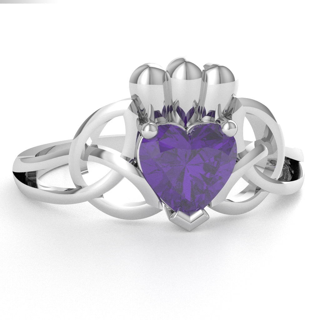 Celtic Trinity Knot Claddagh Amethyst Engagement Ring In 14k White Gold
