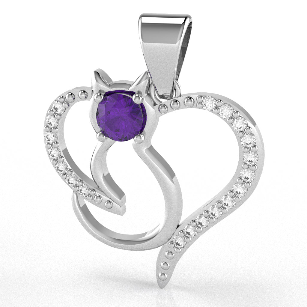 Amethyst Diamond  Cat Love Heart Pendant In 14k White Gold