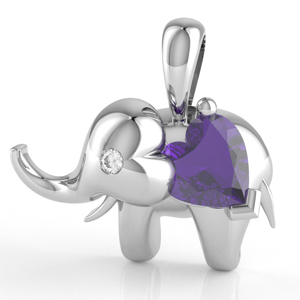 Amethyst Diamond Elephant Heart Birthstone Pendant In 10k White Gold