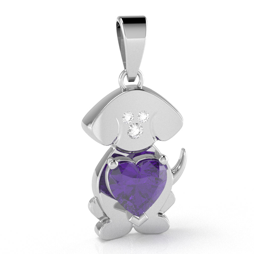 Amethyst Diamond  Puppy Love Heart Pendant In 10k White Gold