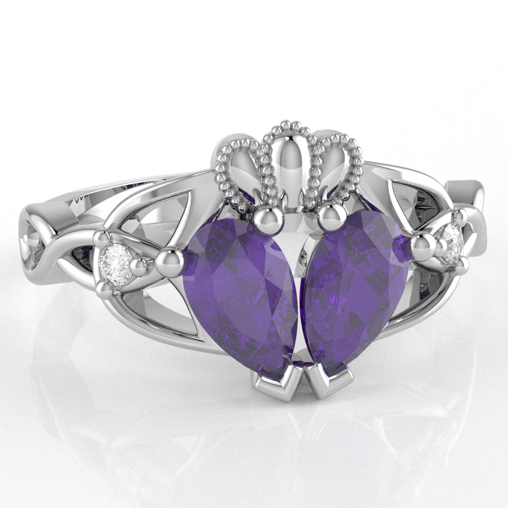 Amethyst Diamond Celtic Knot Heart Claddagh Ring In 10k White Gold