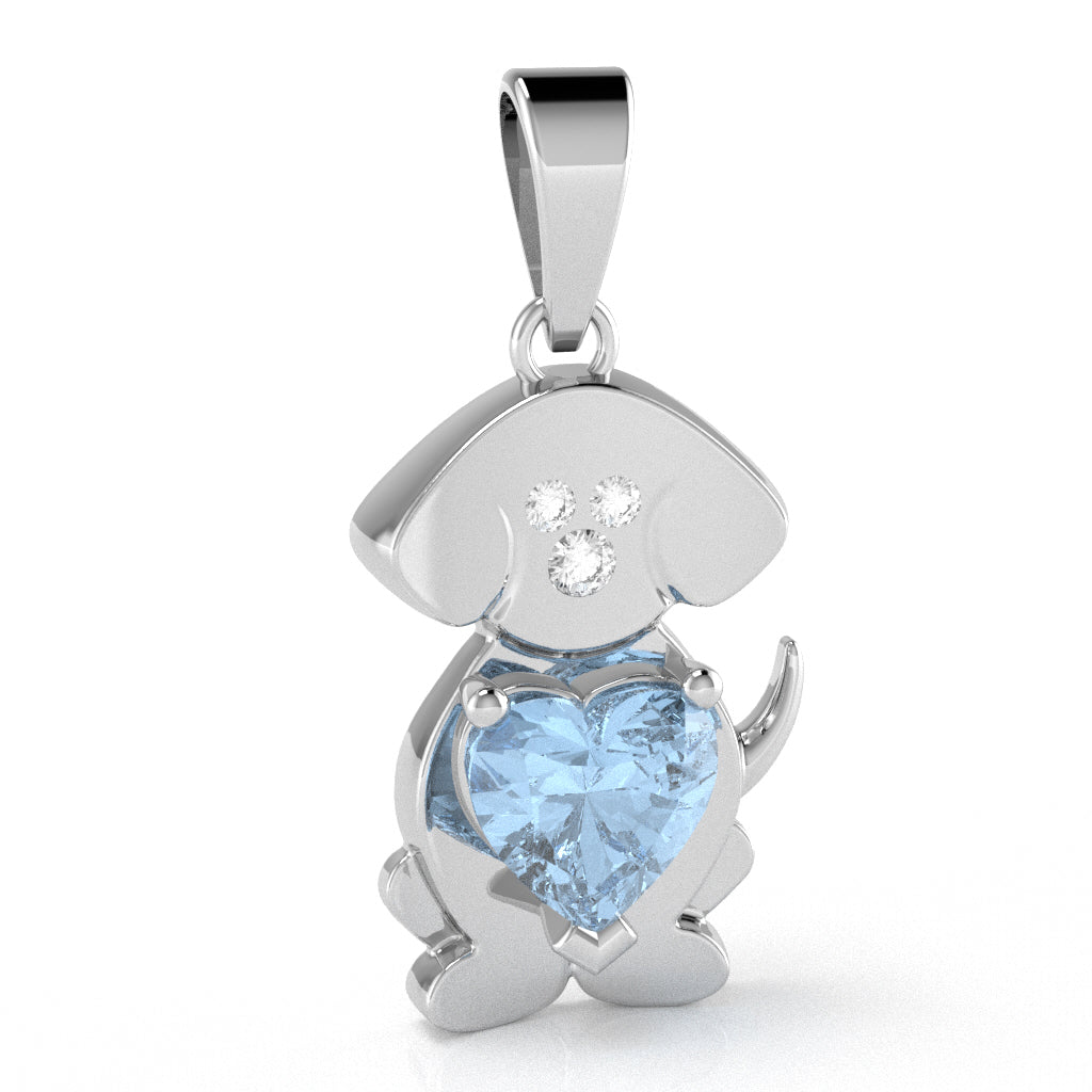 Aquamarine Diamond  Puppy Love Heart Pendant In 14k White Gold