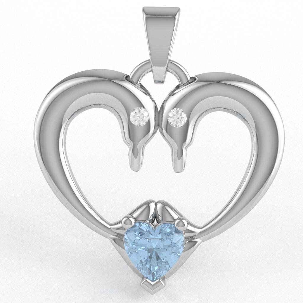Aquamarine Diamond  2 Dolphins Heart Love Pendant In 10k White Gold