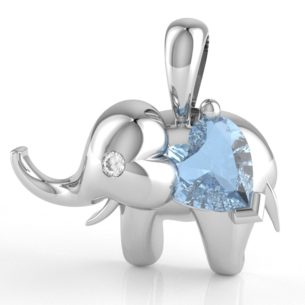 Aquamarine Diamond Elephant Heart Birthstone Pendant In 14k White Gold