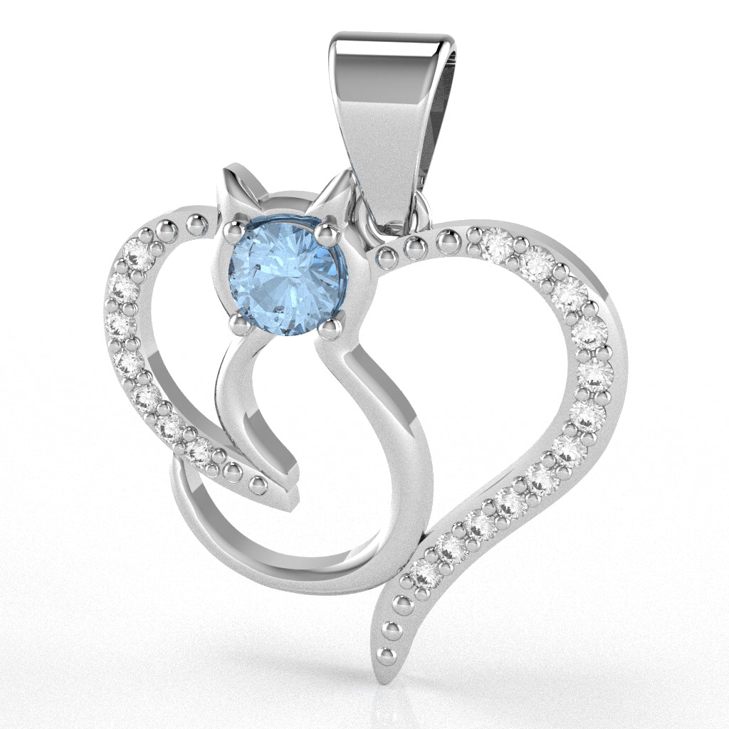 Aquamarine Diamond  Cat Love Heart Pendant In 14k Yellow Gold