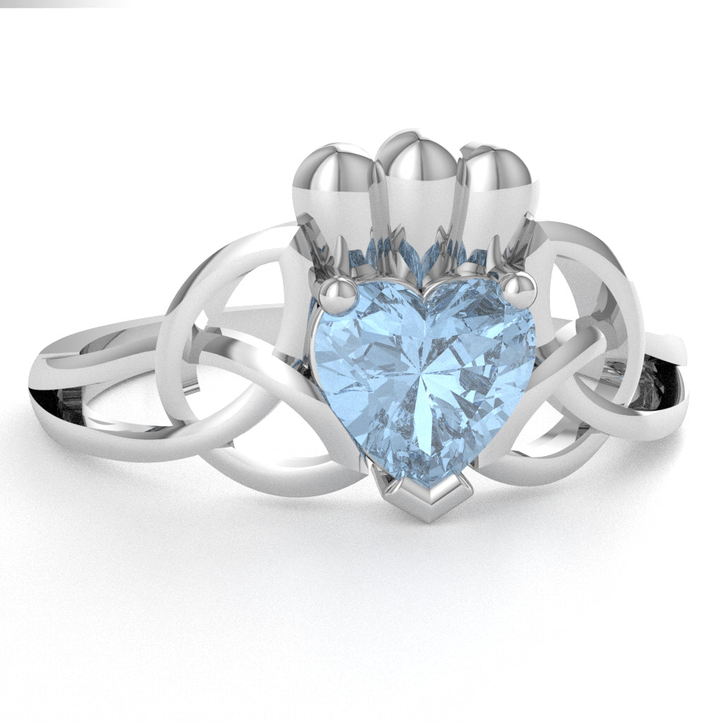 Celtic Trinity Knot Claddagh Aquamarine Engagement Ring In 14k White Gold