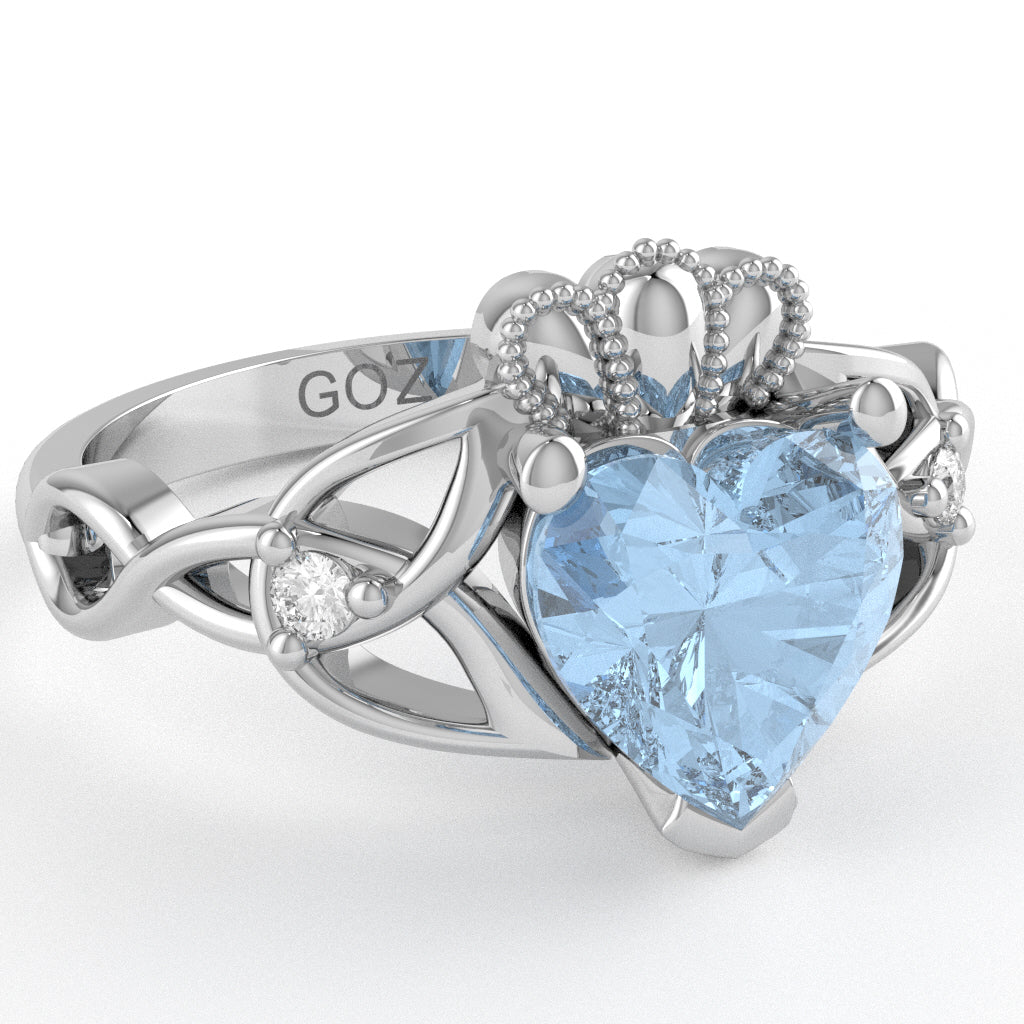 Celtic Trinity Knot Claddagh Heart Aquamarine Diamond Ring In 14k White Gold
