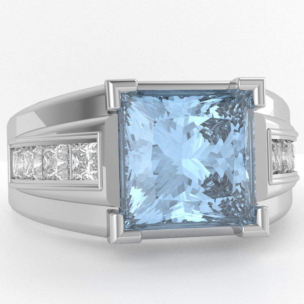 Men's Big Daddy Aquamarine Lab-Grown Diamond Channel Ring In Solid 10k White Gold