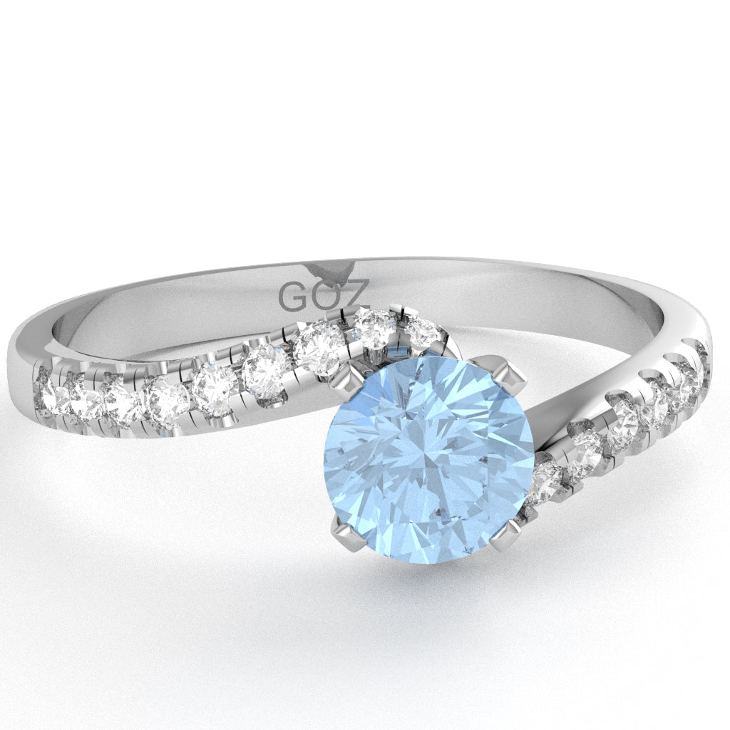 Aquamarine Diamond Curly Dainty Engagement Ring In 14k White Gold