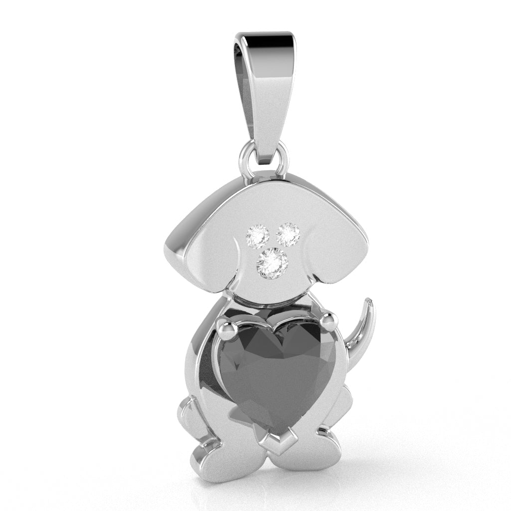 Black Onyx Diamond  Puppy Love Heart Pendant In 14k White Gold