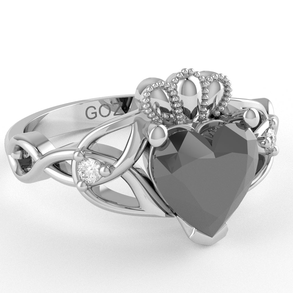 Celtic Trinity Knot Claddagh Heart Black Onyx Diamond Ring In 14k White Gold