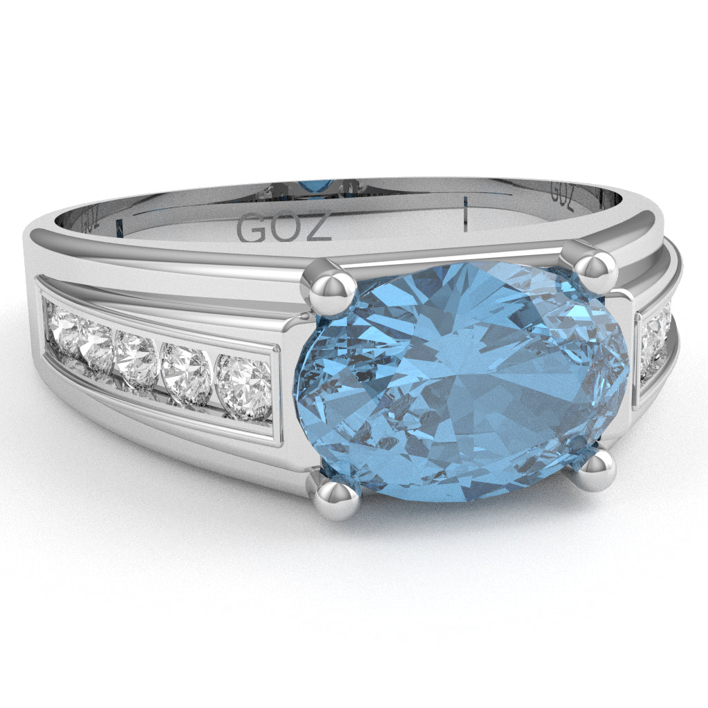 Blue Topaz Diamond Designer Channel Ring In 14k White Gold