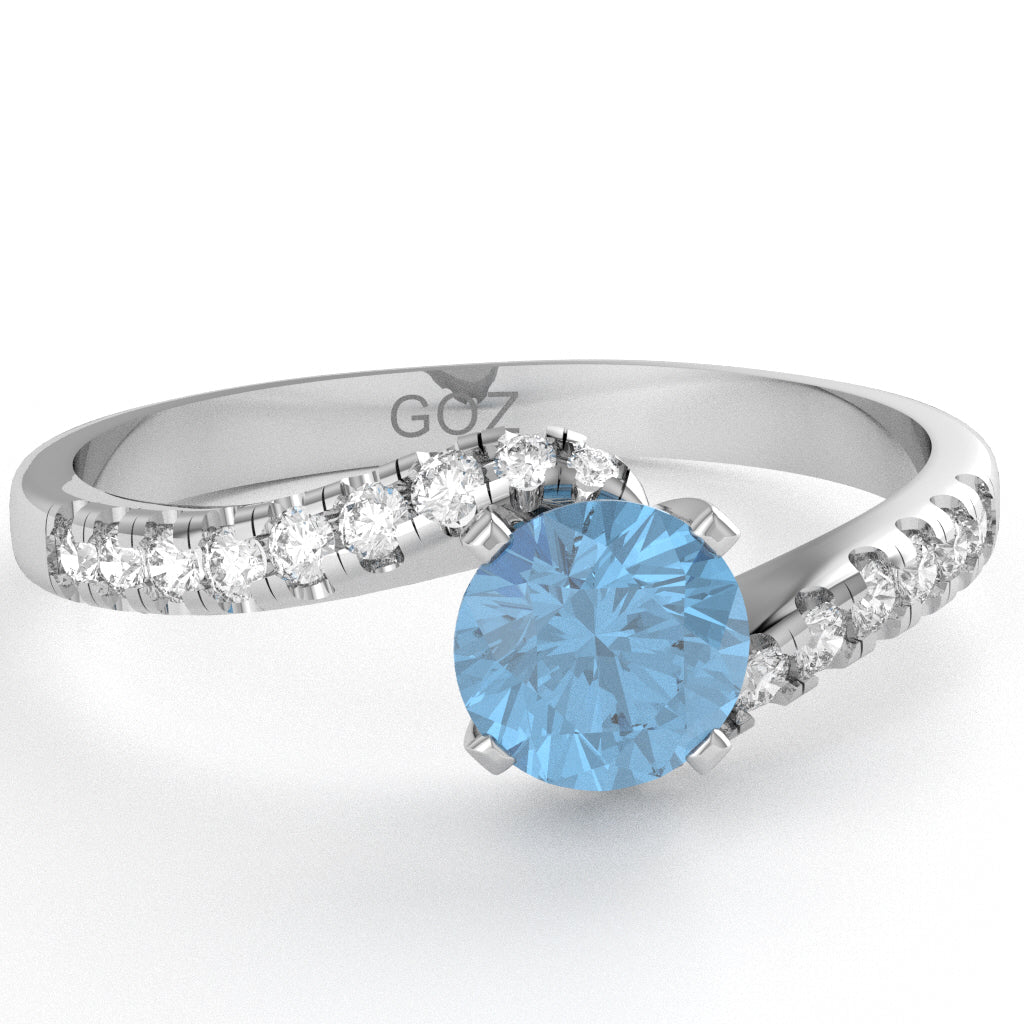 Blue Topaz Diamond Curly Dainty Engagement Ring In 14k White Gold