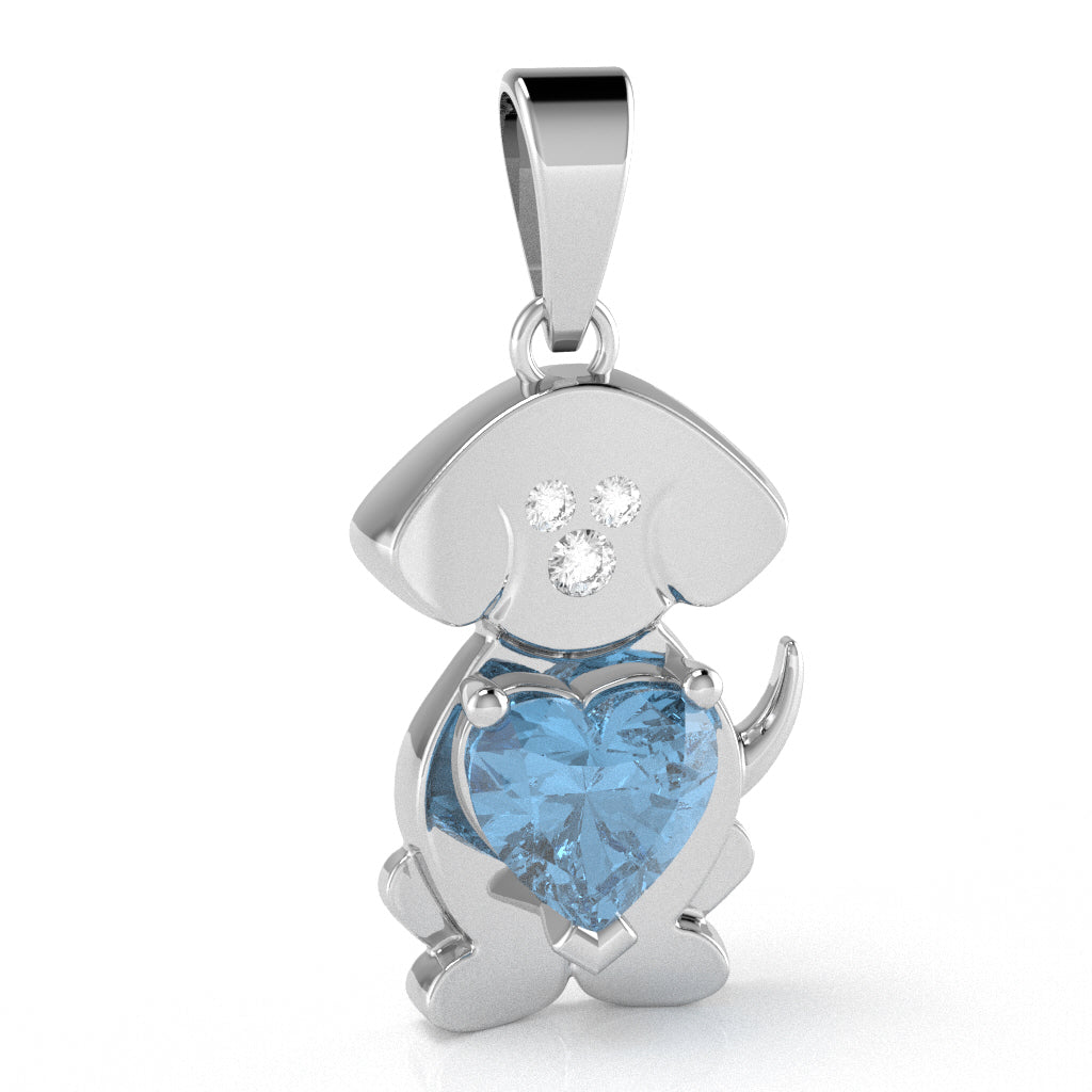 Blue Topaz Diamond  Puppy Love Heart Pendant In 10k White Gold