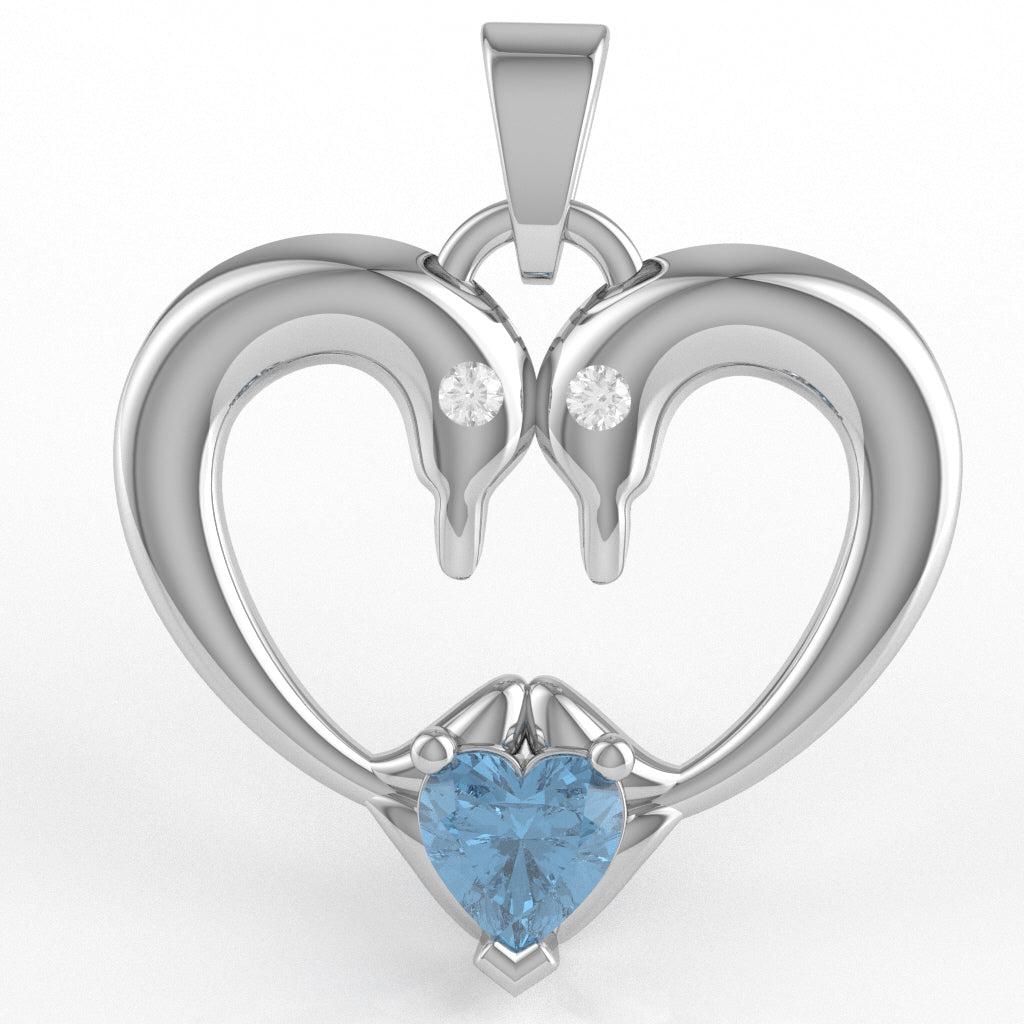 Blue Topaz Diamond  2 Dolphins Heart Love Pendant In 10k White Gold