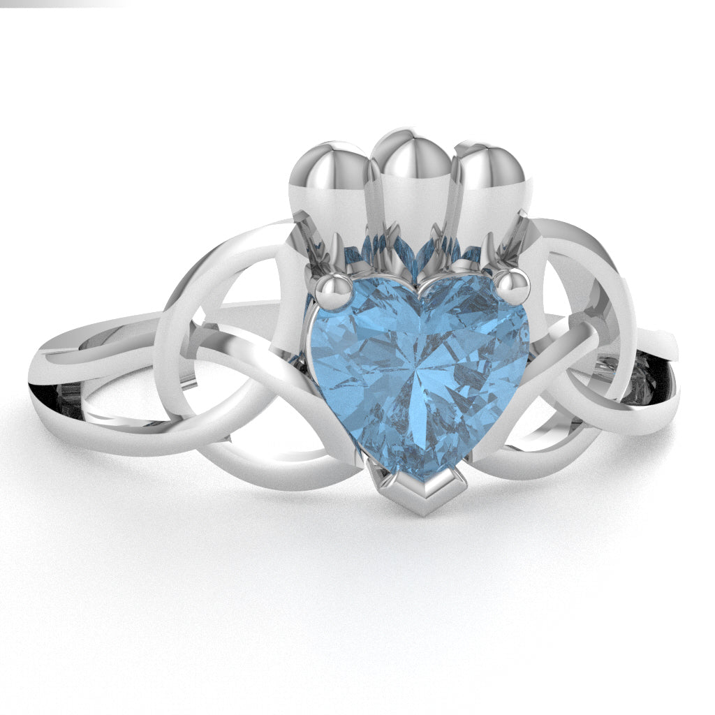Celtic Trinity Knot Claddagh Blue Topaz Engagement Ring In 14k White Gold