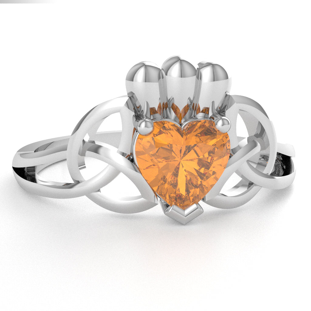 Celtic Trinity Knot Claddagh Citrine Engagement Ring In 14k White Gold