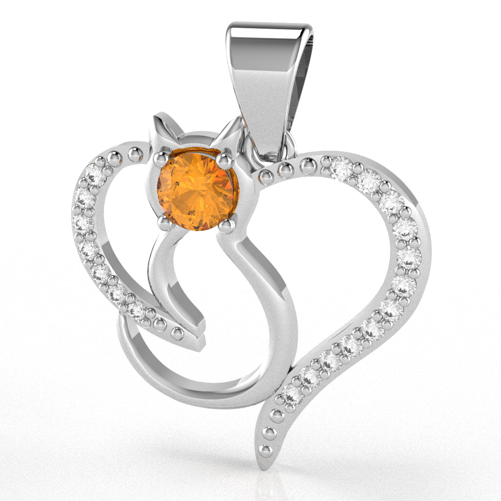 Citrine Diamond  Cat Love Heart Pendant In 10k White Gold