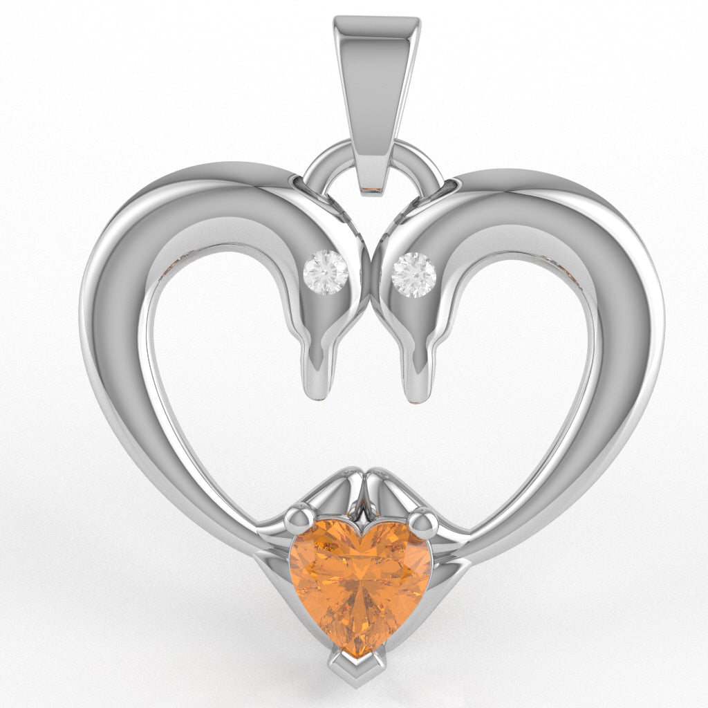 Citrine Diamond  2 Dolphins Heart Love Pendant In 14k White Gold