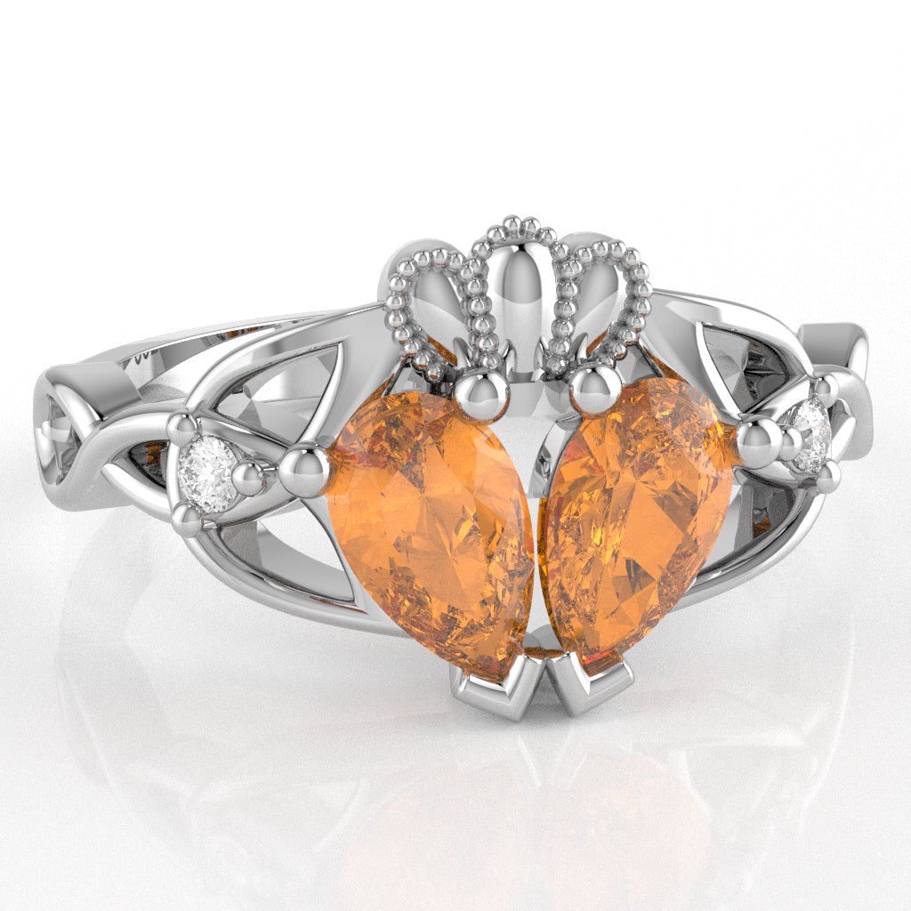 Citrine Diamond Celtic Knot Heart Claddagh Ring In 10k White Gold