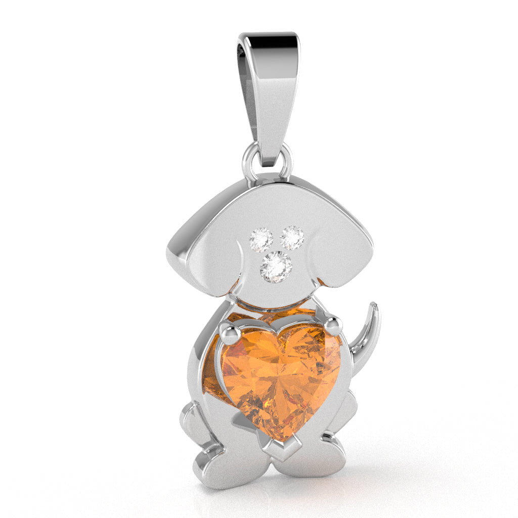 Citrine Diamond  Puppy Love Heart Pendant In 10k White Gold