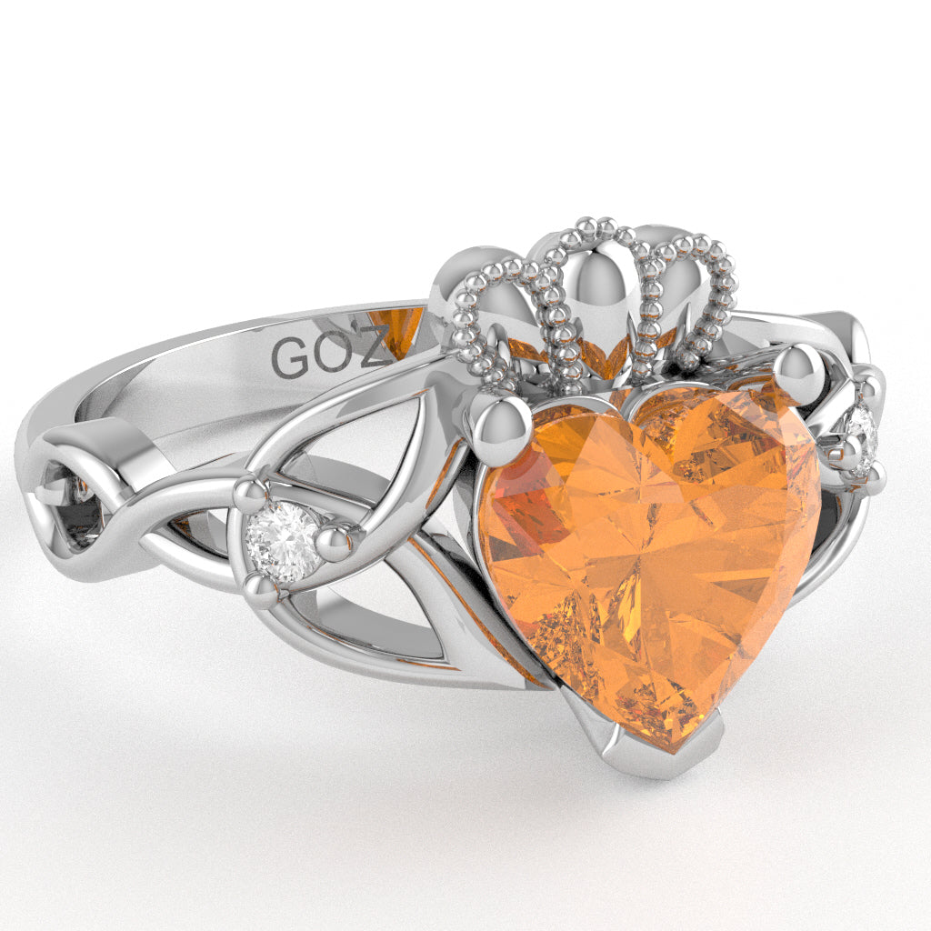 Celtic Trinity Knot Claddagh Heart Citrine Diamond Ring In 10k White Gold