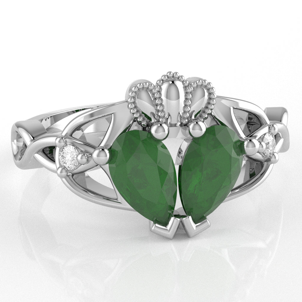 Emerald Diamond Celtic Knot Heart Claddagh Ring In 10k White Gold
