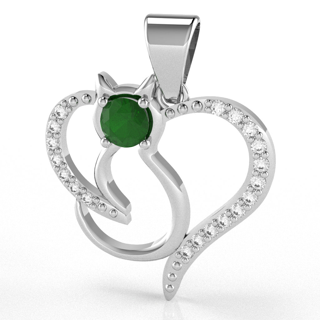 Emerald Diamond  Cat Love Heart Pendant In 14k White Gold
