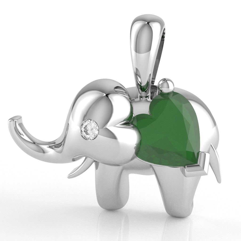 Emerald Diamond Elephant Heart Birthstone Pendant In 14k White Gold