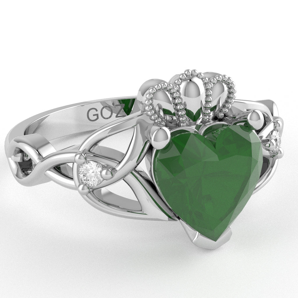 Celtic Trinity Knot Claddagh Heart Emerald Diamond Ring In 10k White Gold