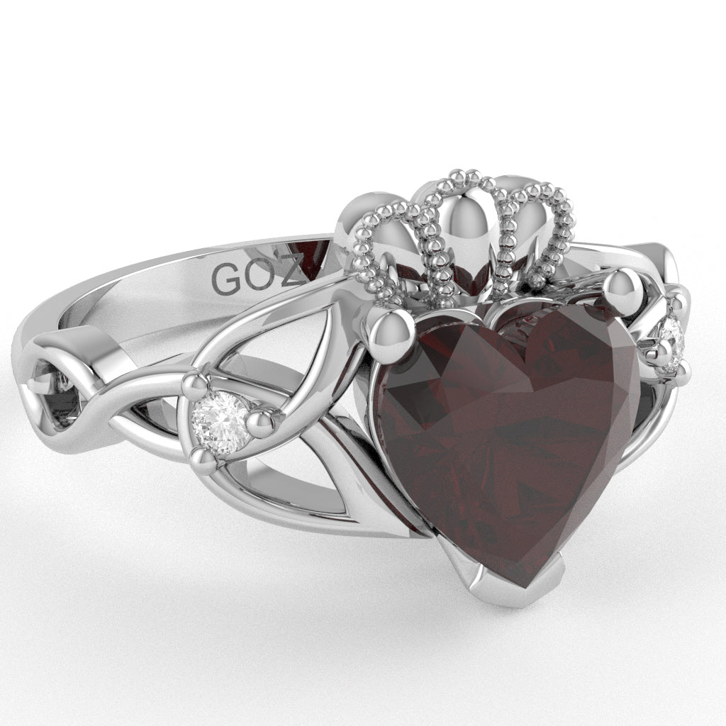 Celtic Trinity Knot Claddagh Heart Garnet Diamond Ring In 14k White Gold