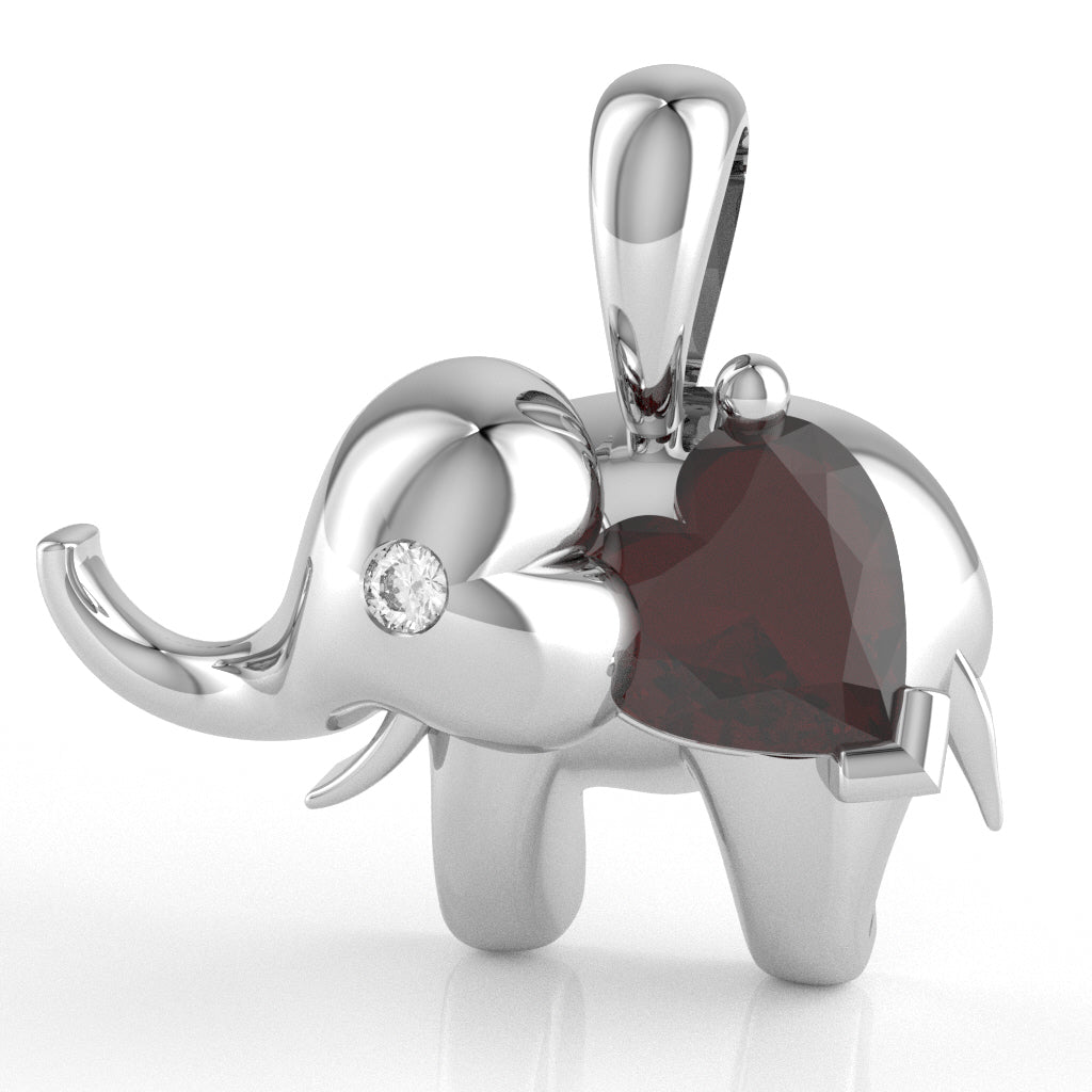 Garnet Diamond Elephant Heart Birthstone Pendant In 14k White Gold