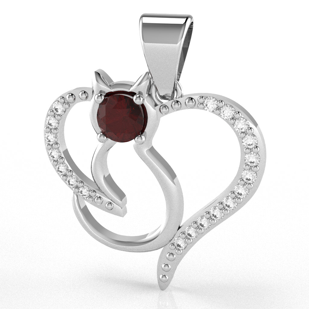 Garnet Diamond  Cat Love Heart Pendant In 14k White Gold