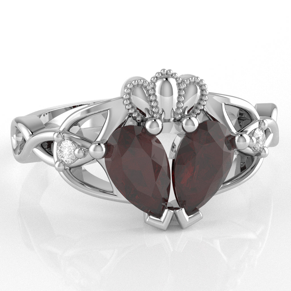 Garnet Diamond Celtic Knot Heart Claddagh Ring In 14k White Gold