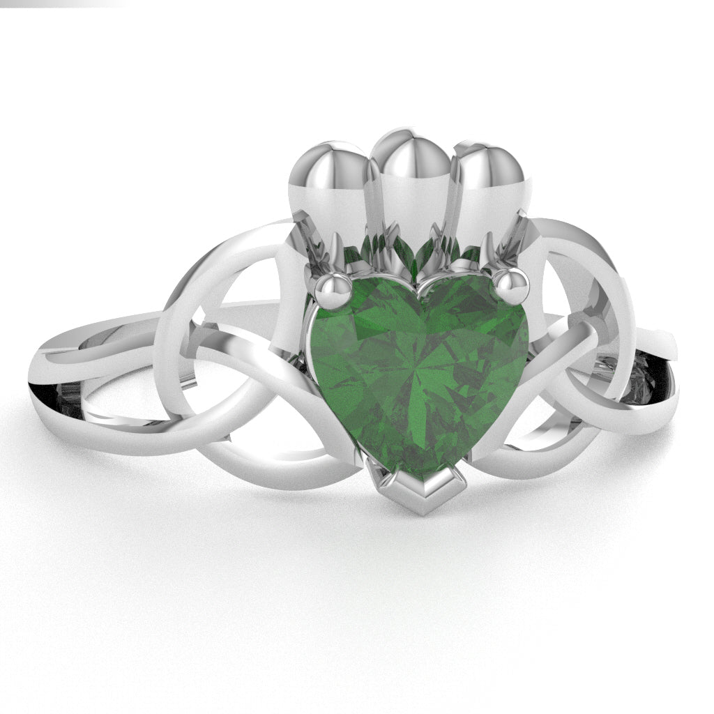 Celtic Trinity Knot Claddagh Lab-Created Emerald Engagement Ring In 14k White Gold