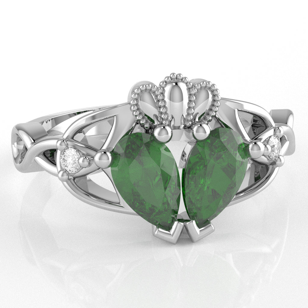 Lab-Created Emerald Diamond Celtic Knot Heart Claddagh Ring In 10k White Gold
