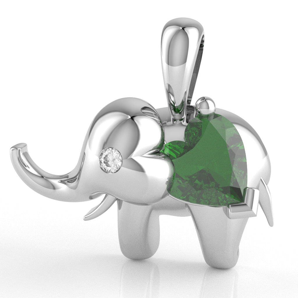 Lab-Created Emerald Diamond Elephant Heart Birthstone Pendant In 14k White Gold