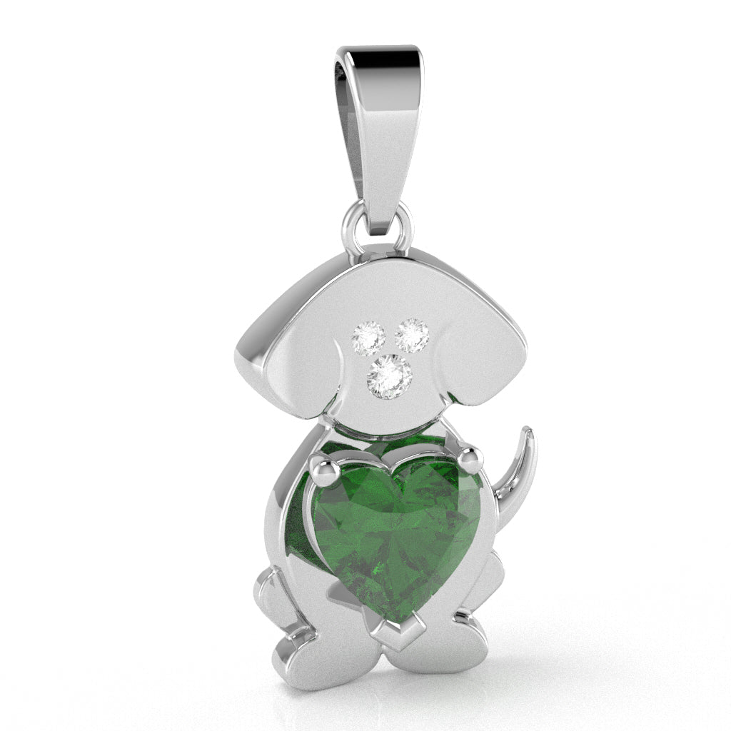 Lab-Created Emerald Diamond  Puppy Love Heart Pendant In 14k White Gold