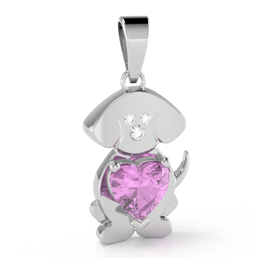 Lab-Created Pink Sapphire Diamond  Puppy Love Heart Pendant In 10k White Gold