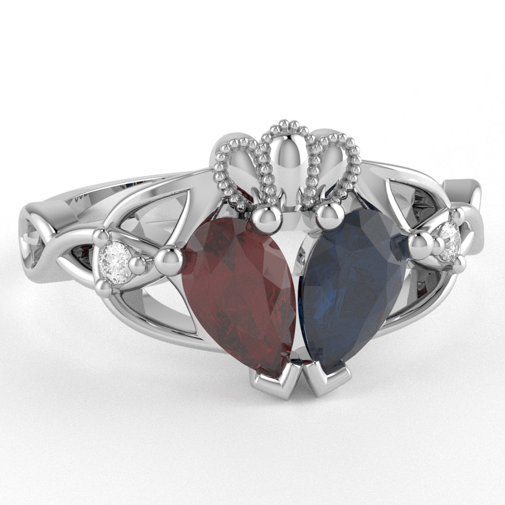 Customizable Gemstone Diamond Celtic Knot Heart Claddagh Ring In 10k White Gold