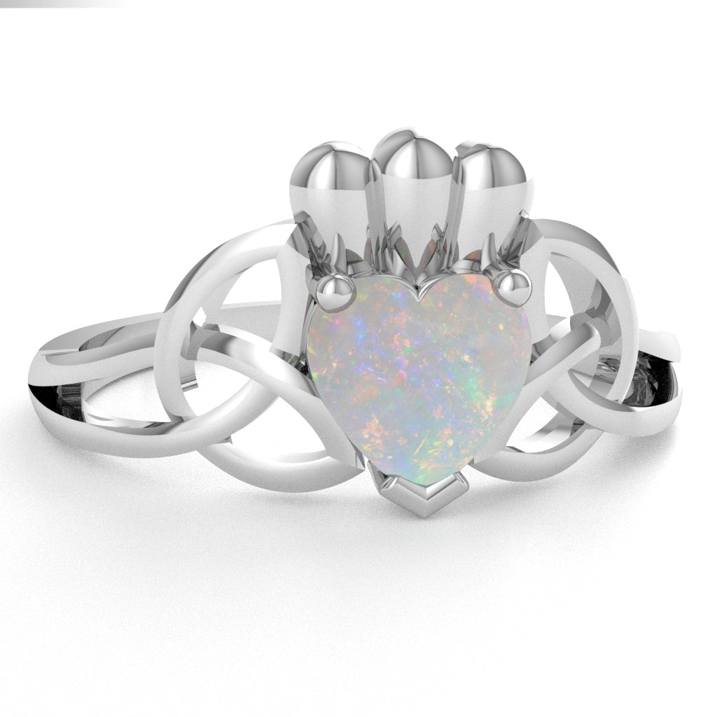 Celtic Trinity Knot Claddagh Opal Engagement Ring In 14k White Gold