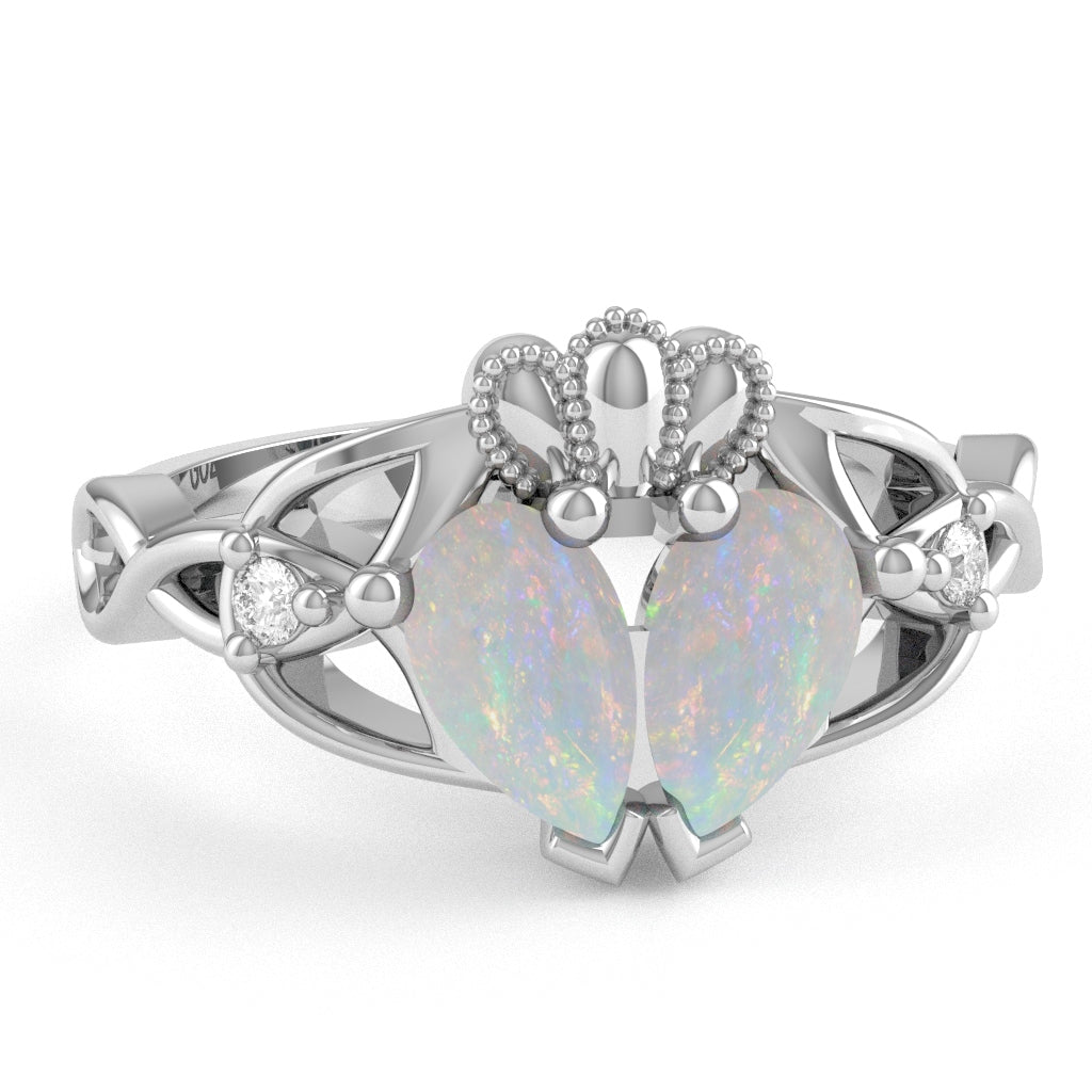 Opal Diamond Celtic Knot Heart Claddagh Ring In 10k White Gold